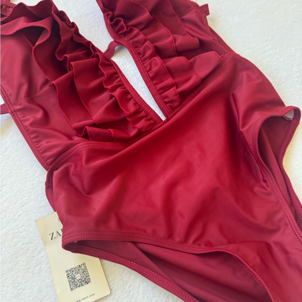 NWT Zara Maroon Ruffle One Piece Swimsuit - Picture 2 of 6